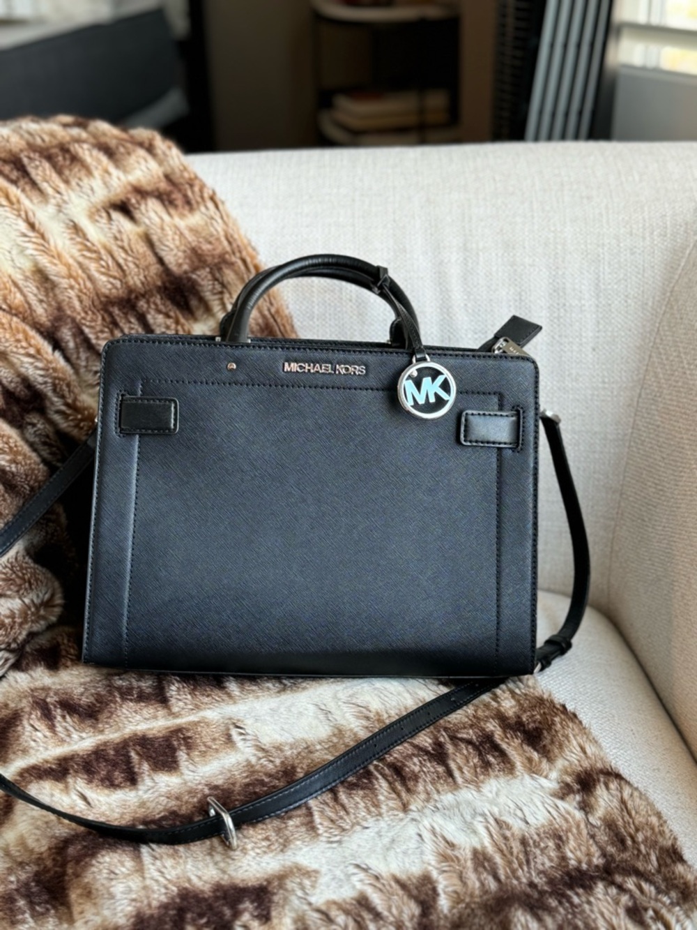 Michael Kors Black Leather Top-Handle Satchel with MK Charm - Picture 2 of 3